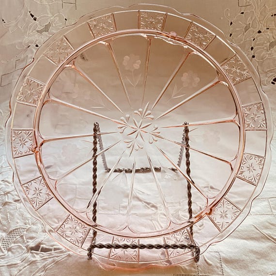 Pink Depression Glass Cake Plate • Vintage Doric Pink 3-Toed Footed Plate with Etched Floral Pattern • Jeannette Glass Company 1935–1938
