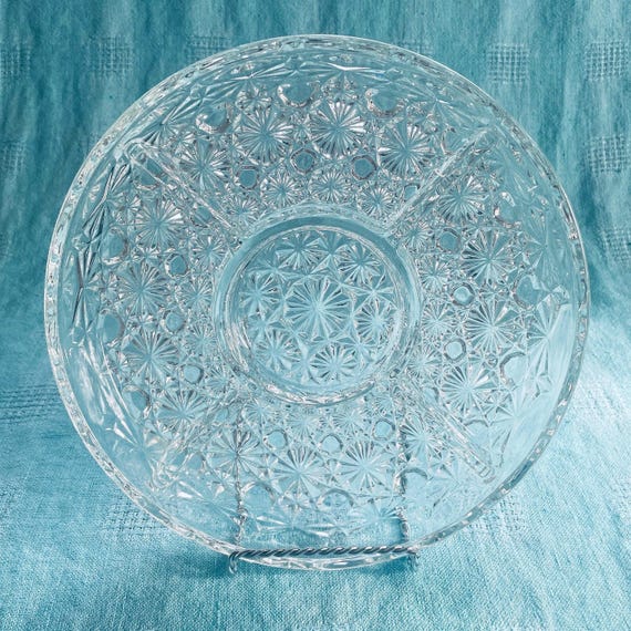 French Vintage Crystal Relish Tray: Daisy and Button Pattern, 5-Section Platter