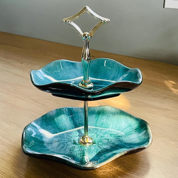 Blue Mountain Pottery Tidbit Tray: Teal Blue/Green Reflow Glaze, 2 Tier, Gold Handle