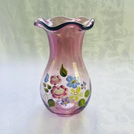 Handpainted Fenton Glass Floral Ruffled Vase, Amethyst Purple - Vintage Home Decor