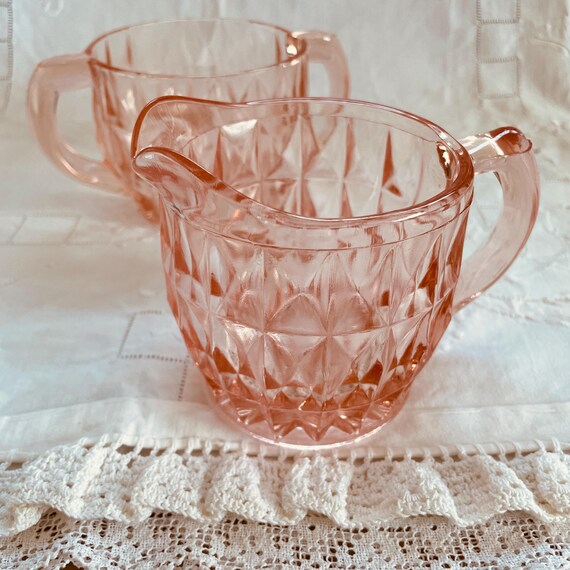 Pink Depression Glass Duo: Creamer and Open Sugar Bowl, Windsor Pink by Jeannette Glass, Vintage 1930s