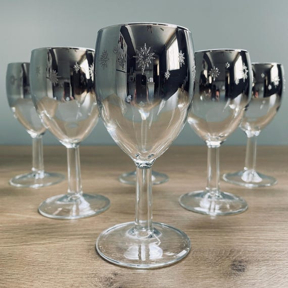 Set of Six Atomic Starburst Glasses by Vitreon Queen’s Lusterware Silver Fade Ombre Wine/Cordial/Sherry Glasses, Vintage Drinkware & Barware
