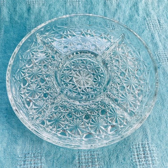 French Vintage Crystal Relish Tray: Daisy and Button Pattern, 5-Section Platter