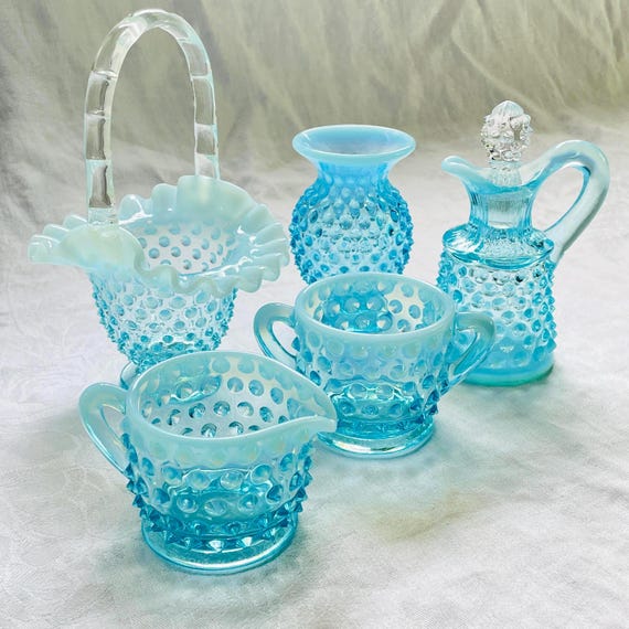 Collectible Vintage Fenton Blue Opalescent Glass Set: Cruet & Stopper, Creamer, Open Sugar, Basket, Vase