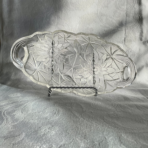 Depression Glass Oval Serving Relish Dish Trinket Shallow Bowl 1930s Indiana Glass Lily Pons Sunflower Crystal Clear 9" Vintage Serveware