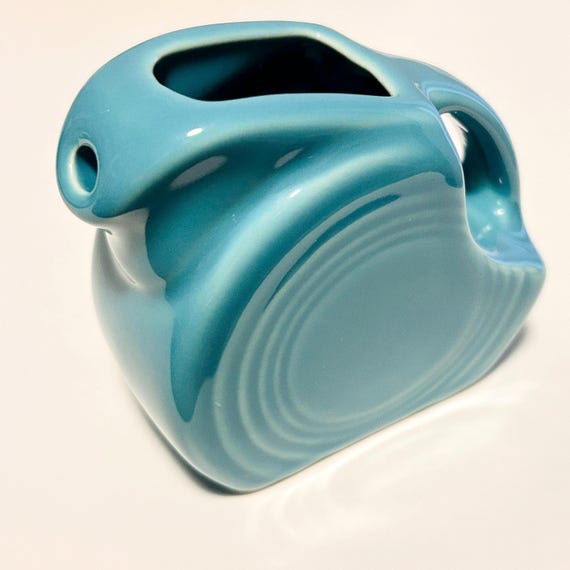 Vintage Fiesta Mini Disc Pitcher, Turquoise Art Deco Creamer, Homer Laughlin Syrup Server