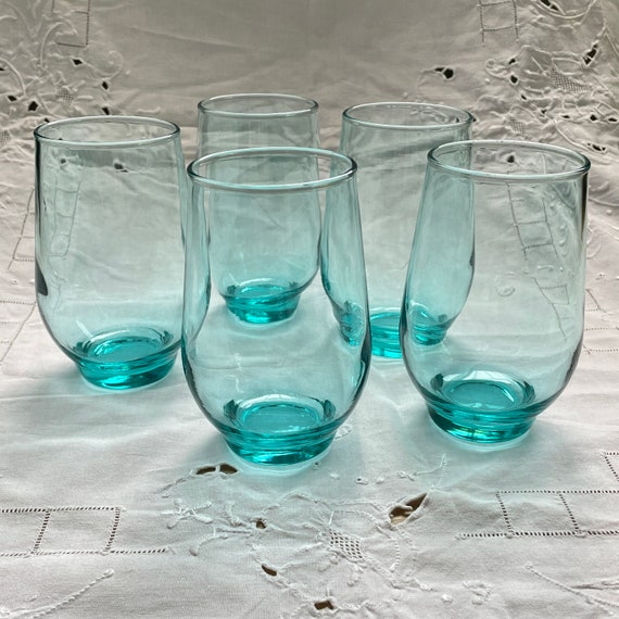 Set of 5 Libbey Tempo Turquoise Tumblers by Libbey Glass, Aqua/Teal - Vintage 1970s Beverage Glasses, Retro Drinkware