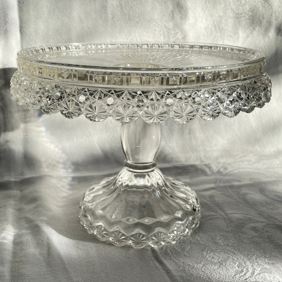 Pedestal Cake Stand EAPG Dalzell Brothers and Gilmore Glass Co. No. 21D (OMN) Daisy and Button Petticoat Starred Block Antique Serveware