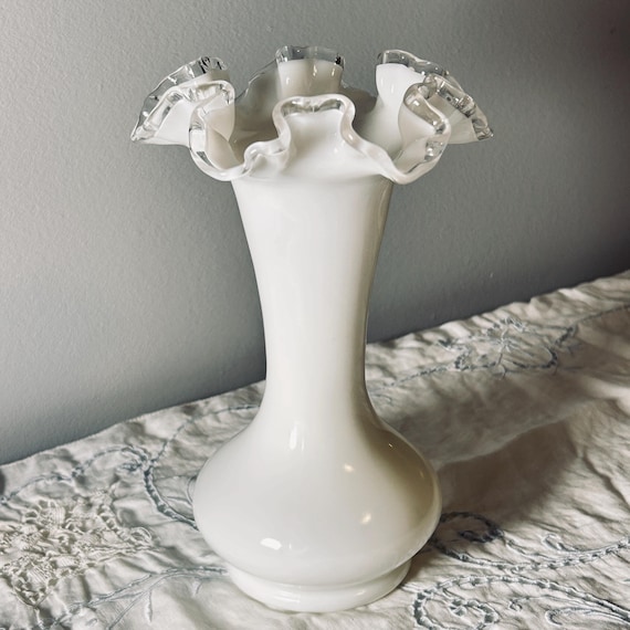 Fenton Silver Crest Milk Glass Vase, 8" Ruffled Trumpet, Cottage Decor