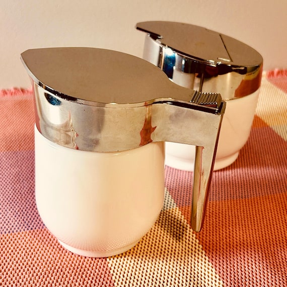 Vintage Gemco Creamer Sugar Set – Corelle Winter Frost White, Chrome Lid Coffee Bar Accessory