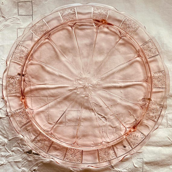 Pink Depression Glass Cake Plate • Vintage Doric Pink 3-Toed Footed Plate with Etched Floral Pattern • Jeannette Glass Company 1935–1938