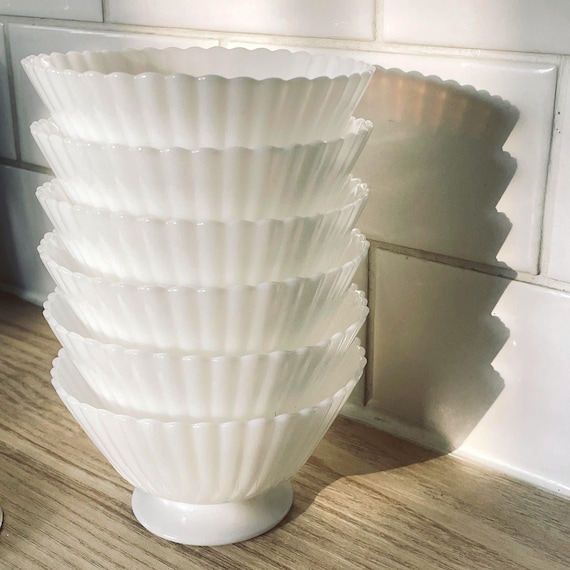 Vintage Petalware Monax Sherbet Dishes – Set of 6 • Macbeth-Evans Milk Glass • White Opalescent Depression Glass • 1930s Dessert Bowls