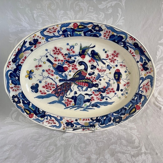 Mid Century Porcelain Oval Serving Platter Peacocks and Birds Butterflies Tree Of Life Empress by Haruta Japan Japanese Ceramic Serveware
