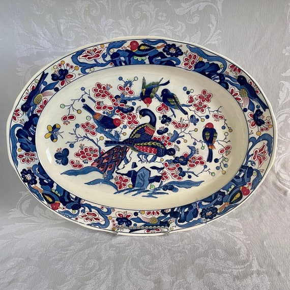 Unique Mid Century Serving Platter Japanese Porcelain - Peacocks, Birds, Butterflies, Tree Of Life Design from Empress Haruta Japan