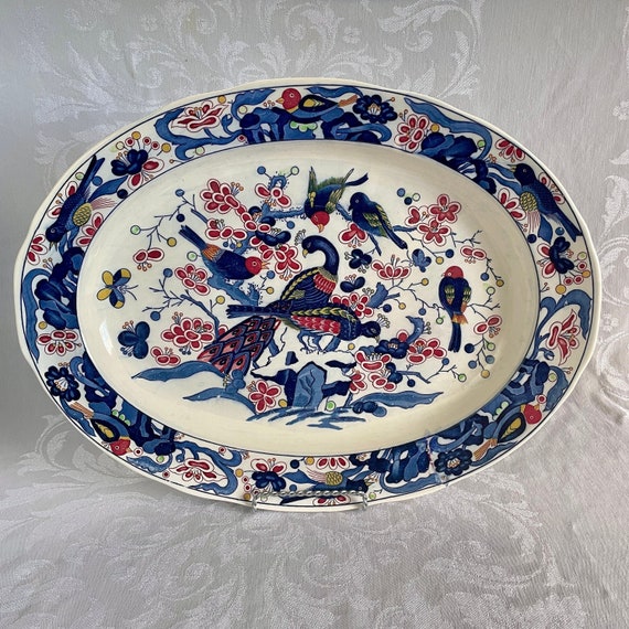 Mid Century Porcelain Oval Serving Platter Peacocks and Birds Butterflies Tree Of Life Empress by Haruta Japan Japanese Ceramic Serveware