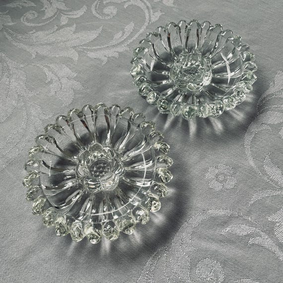 Vintage Hazel-Atlas Candlestick Holders: 1950s Daisy Pattern, Clear Glass Pair