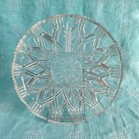 Serving Platter Relish Tray Charcuterie Vintage Art Deco Geometric Snowflake Pattern Clear Cut Glass Sectioned Mid Century Modern Serveware