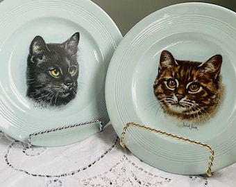 Vintage Derick Bown Transfer Plate: Black Cat or Tabby Cat - Derick Bown Cat Artwork on Decorative Ceramic Plate, Bristol Potters Malta