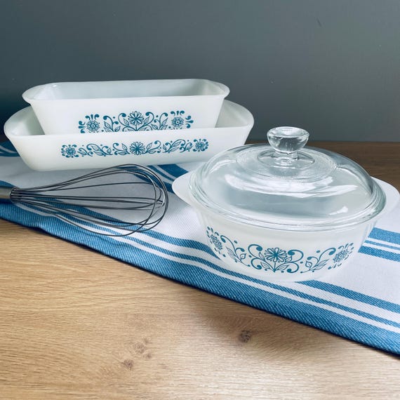 Retro Milk Glass Bakeware/Casserole Dish Trio: Glasbake Blue Floral Scroll Pattern 1.5 qt. Loaf Pan, 1 qt. Round Dish & Rectangular Baker