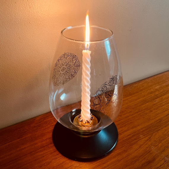 Vintage 1960s David Douglas and Co. Crystal Hurricane Lamp Candle Holder, Mid Century Blown Glass & Black Accalac Base Gold Medallion Design