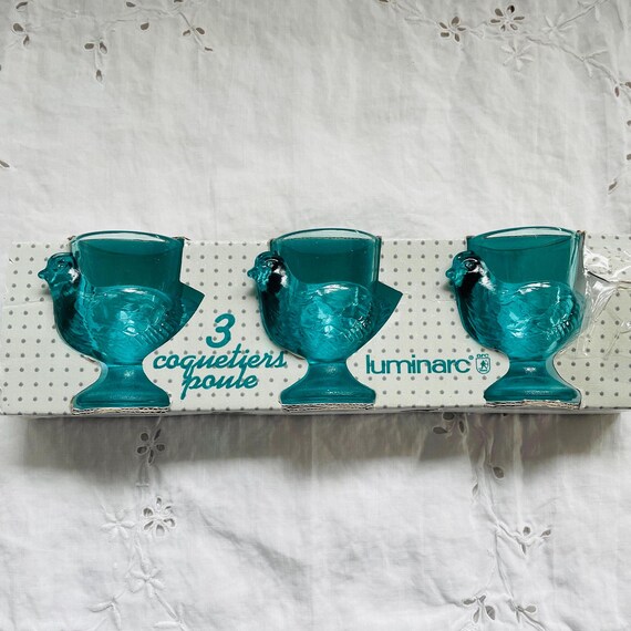 Luminarc France Teal Chicken Egg Cups: Vintage Cristal D'Arques Set