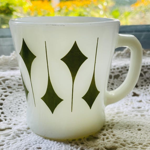 Vintage Fire King Mug: Olive Green Kite Pattern, Mid-Century Collectible - Made in USA
