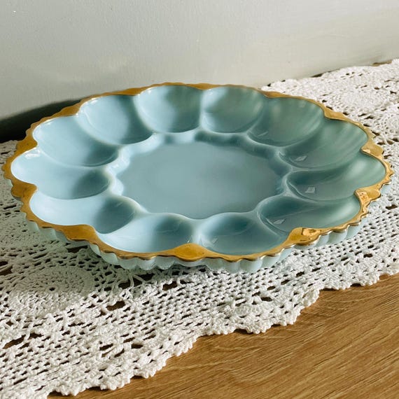 Fire-King Turquoise Blue Deviled Egg Plate: Mid-Century Gold Trim Server