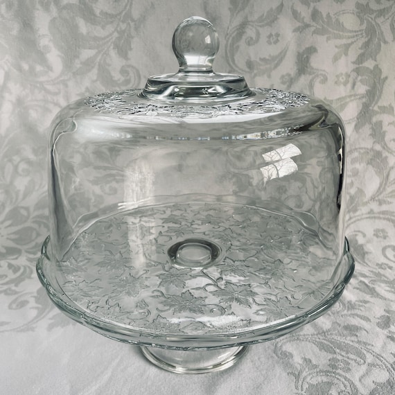 Vintage Princess House Fantasia Cake Stand with Dome – Etched Glass Pedestal Cloche, Trifle Bowl or Punch Bowl – Holiday Serveware