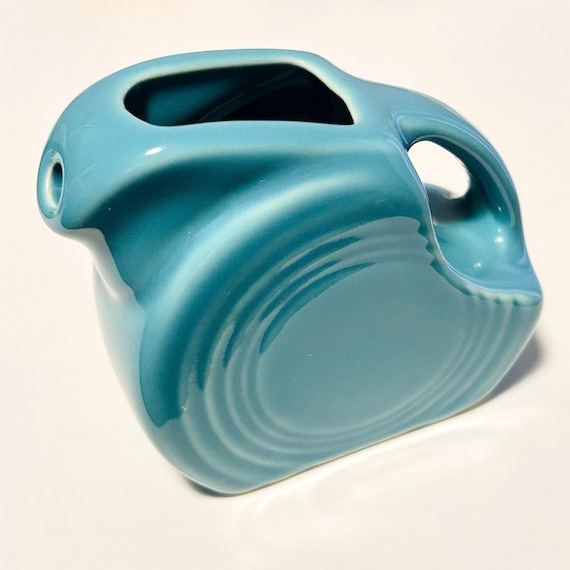 Vintage Fiesta Mini Disc Pitcher, Turquoise Art Deco Creamer, Homer Laughlin Syrup Server