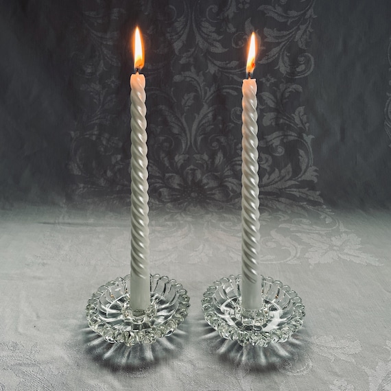 1950s Vintage Hazel-Atlas Candlestick Holders: Daisy Pattern, Clear Glass Pair