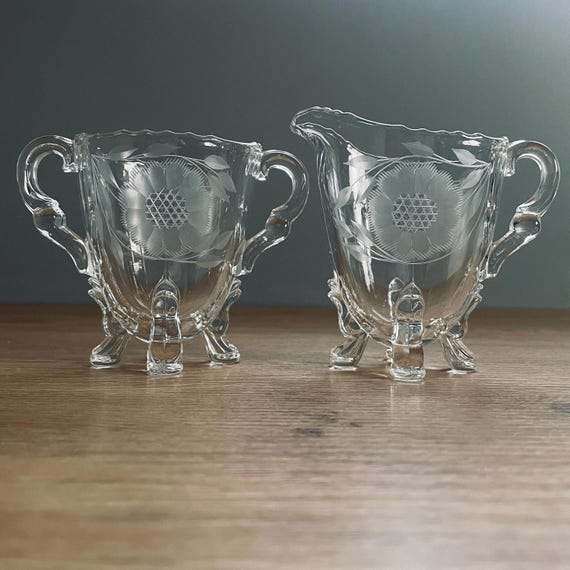 Vintage Viking Glass Creamer & Sugar Set: Hughes Corn Flower Etched Crystal