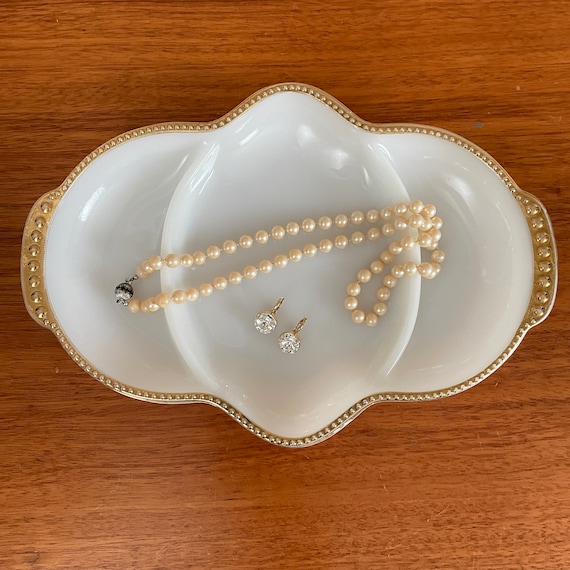 Trinket/Serving Dish Relish Tray Fire King Milkglass with 24k Gold Edge 11" Oblong 3 Part Relish Swirl Golden Anniversary by Anchor Hocking