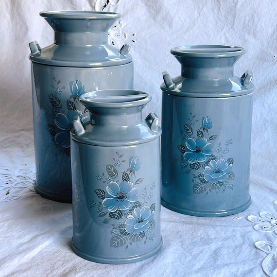 Vintage Blue Floral Milk Canisters | Cottagecore Farmhouse Kitchen Decor | Individual or Set Options