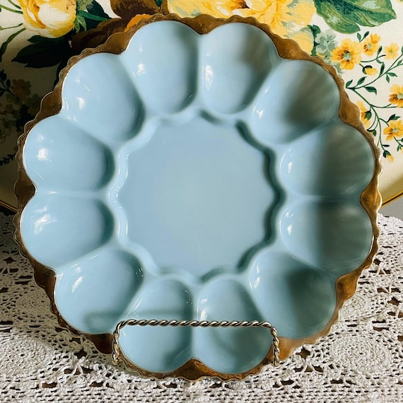 Fire-King Turquoise Blue Deviled Egg Plate: Mid-Century Gold Trim Server