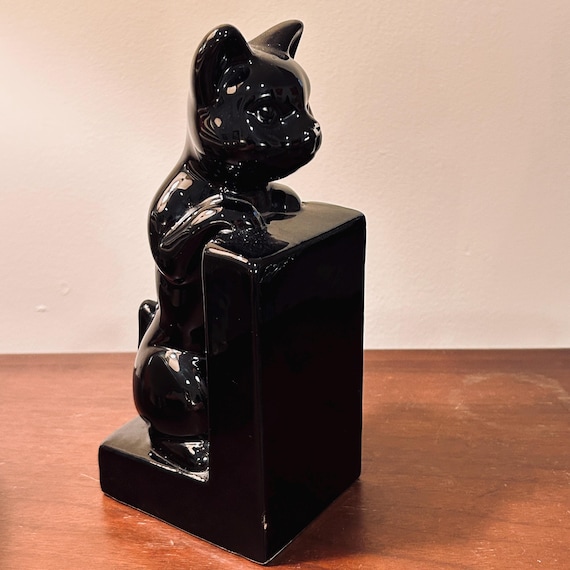 Mid Century Black Cat Bookend, Vintage Giftcraft Ceramic Figurine, 1960s Library Decor