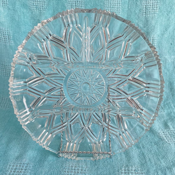 Sparkling Glass Relish Tray - Geometric Snowflake Pattern - Mid Century Modern, Vintage Serveware