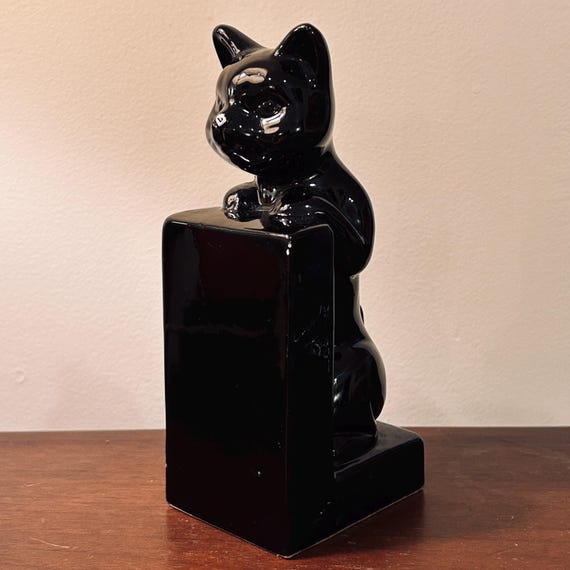 Vintage Black Cat Bookend, Mid Century Ceramic Figurine, 1960s Giftcraft Library Decor