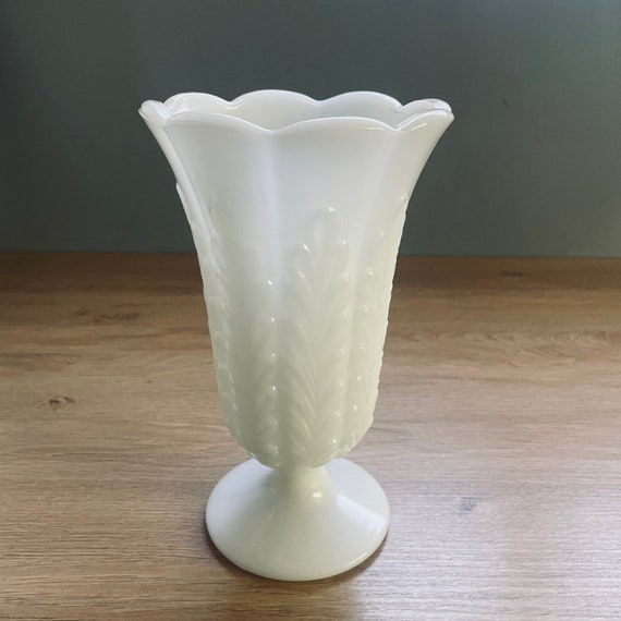 Vintage Fern / Leaf Pattern Milk Glass Floral Vase 9" from E.O. Brody Co. Mid Century MCM Home Decor, Floral Design, Tableware