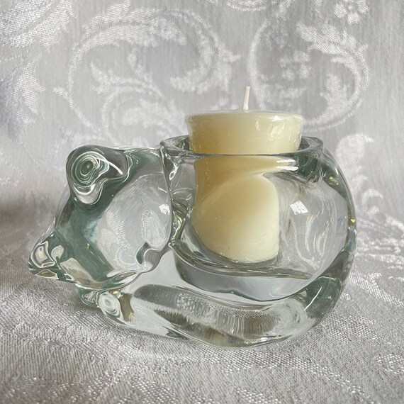 Sleeping Kitty Candle Holder • Vintage Indiana Glass Crystal Cat Votive • Clear Glass Tea Light Holder • Paperweight or Succulent Planter