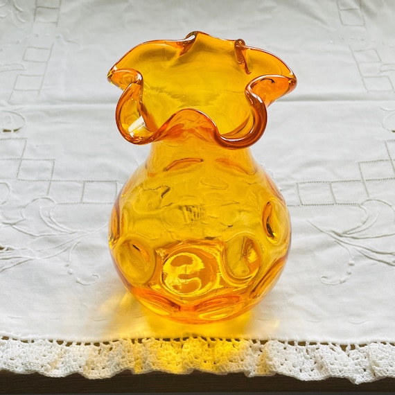 Handblown Hobbs Brockunier Inverted Thumbprint Glass Vase - Eclectic Art Glass Centerpiece - Retro Orange Polka Dot Optic Vase