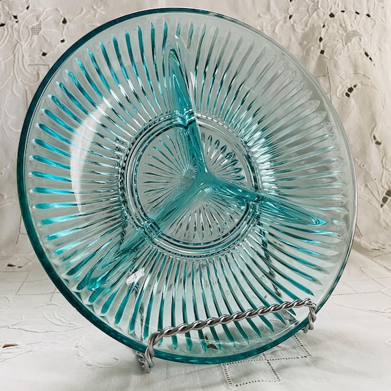 Vintage Aqua Glass Divided Plate - KIG Indonesia 8" Serving Platter with 3 Sections