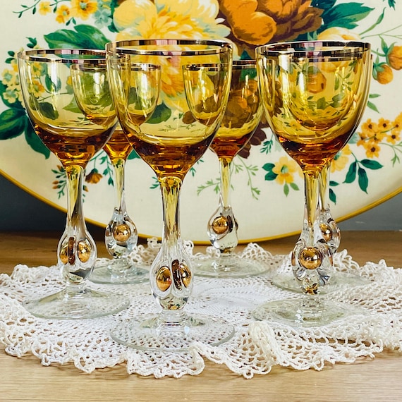 Golden Zuzana Wine Glasses (Set of 6): Mid-Century Czech Amber 24K Gold