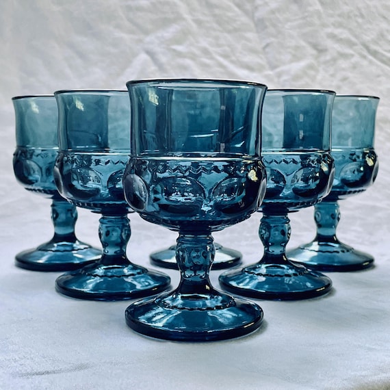 Vintage Color Crown Blue Claret Wine Glass – Colony by Indiana Glass • King’s Crown Thumbprint • 4-3/8" Teal Blue Stemware