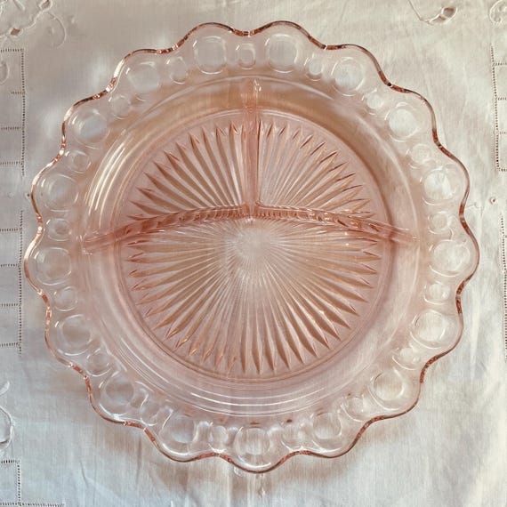 Serving Plate, Vintage 1930s Pink Depression Glass, Lace Edge Pink Pattern from Anchor Hocking, 3 Section Glass Platter - Made in USA