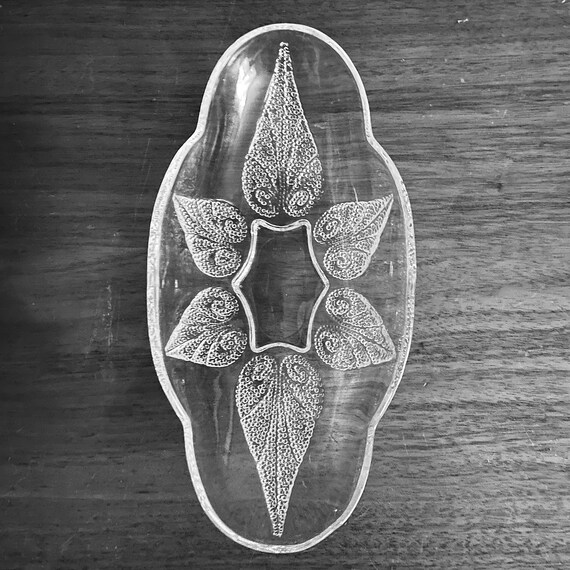 Vintage Anchor Hocking Glass Relish Dish: Mid-Century Renaissance Beaded Leaf Platter
