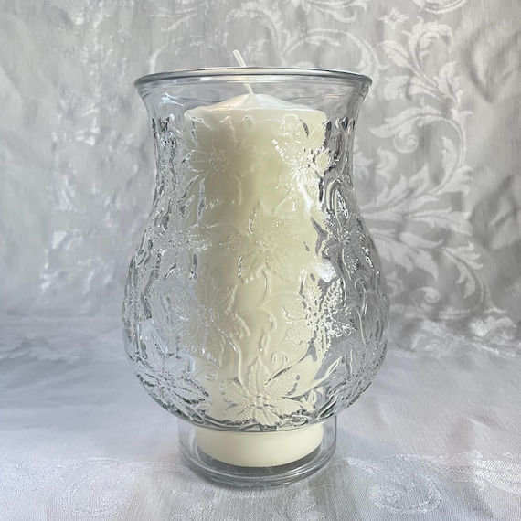Princess House Vintage Floral Embossed 7" Pillar Crystal Candleholder - Fantasia by Princess House with Poinsettia Flowers