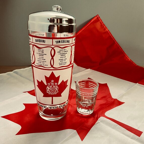 Rare Vintage “A Toast to Canada” Cocktail Shaker – Mid Century Canadian Barware, Patriotic Glass with Recipes, Canada Day Decor
