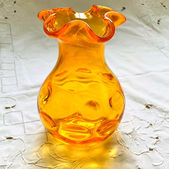 Vintage Orange Optic Glass Vase, Inverted Thumbprint Pattern, Mid-Century Art Glass Home Decor