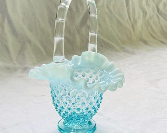 Collectible Vintage Fenton Blue Opalescent Glass Set: Cruet