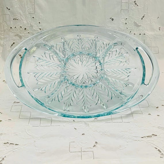 1940s Aqua Depression Glass Platter - Starlight Blue Relish Tray by Jeannette Glass Co. - Elegant Vintage Serveware